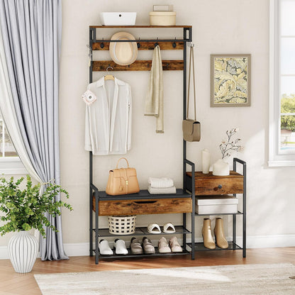 Hall Tree with Bench, Shoe and Coat Rack for Entryway, Coat Rack with Bench, Flip Top Storage Box, PU Cushioned Seat, Non-Woven Fabric Drawer, for Entrance, Rustic Brown and Black BF110MT01