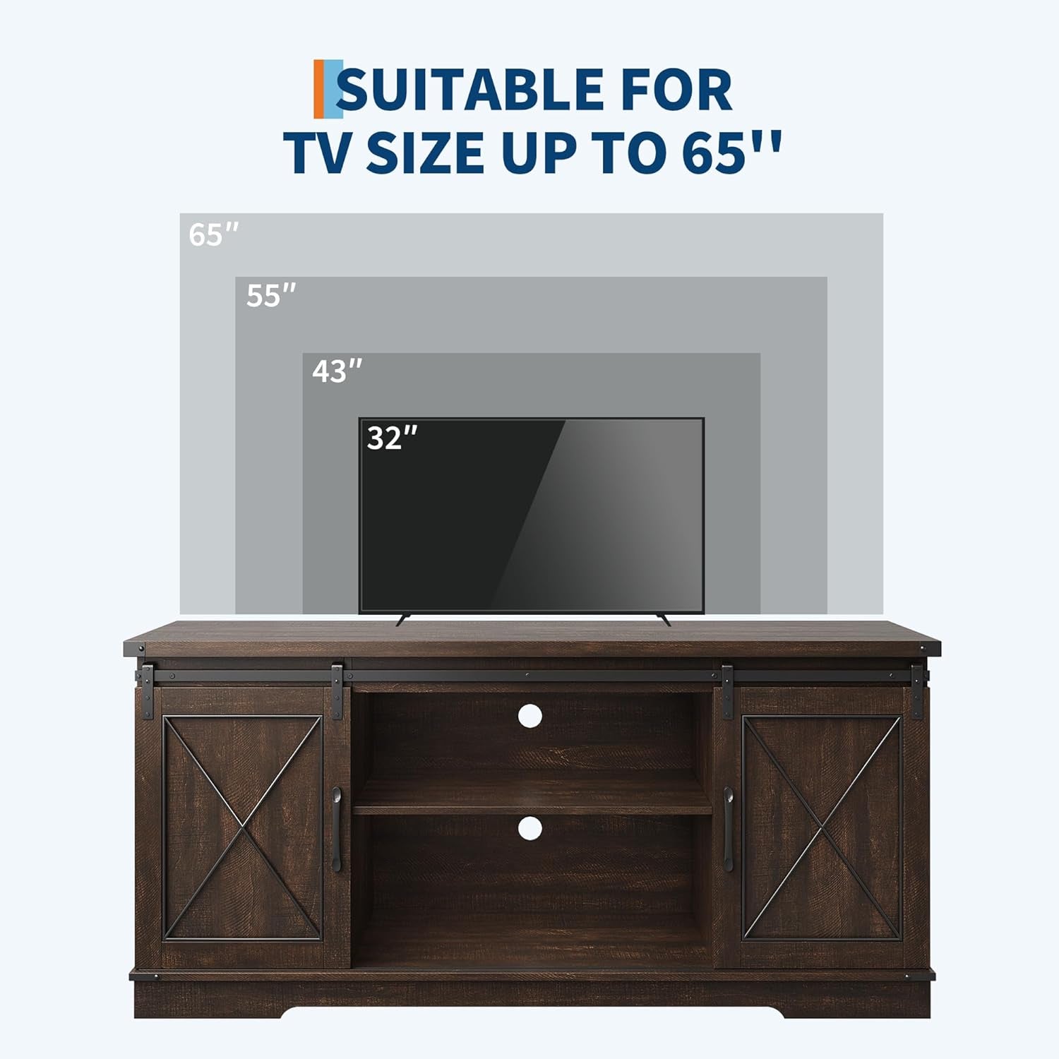 Farmhouse TV Stand and Entertainment Center for Tv up to 65 Inches with Sliding Barn Doors and Adjustable Shelf, Tv Media Console Table with Storage Cabinet for Living Room, Brown