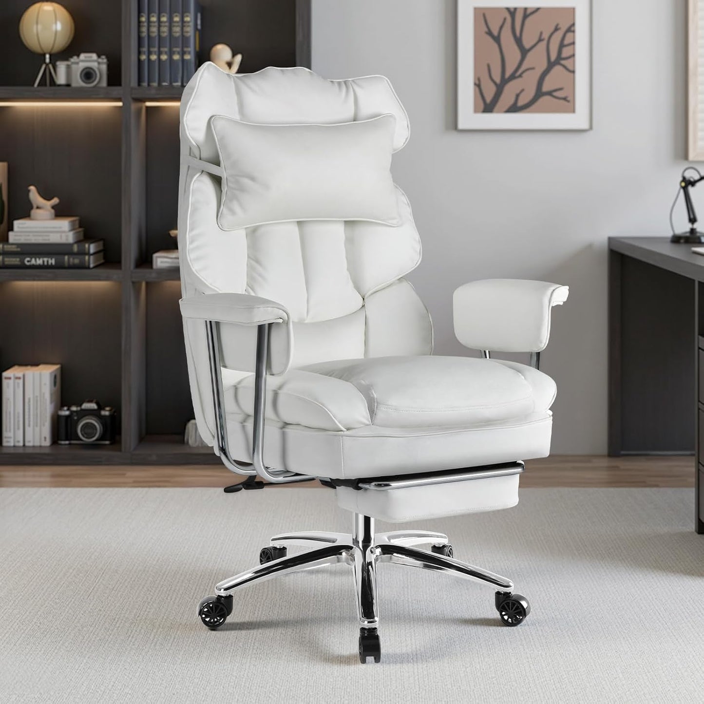 Executive Home Office Desk Chair - Ergonomic Big Tall High Back with Footrest & Lumbar Support, Reclining Height Adjustable, Comfy PU Leather Computer Gaming with Swivel Wheels, White