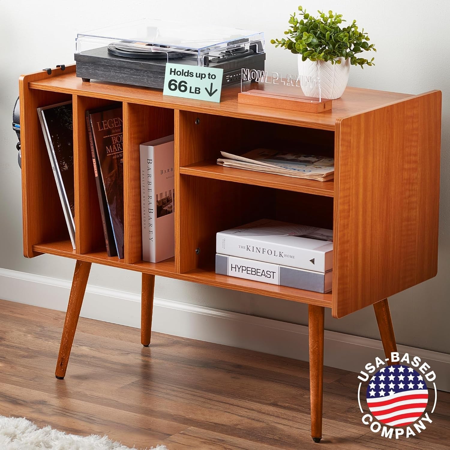Record Player Stand with Vinyl Storage – Turntable Table with Shelves and Backboard – Walnut Wood Frame Vinyl Record Storage with Headphone Hook – Compact Audio Stand with Stabilizers