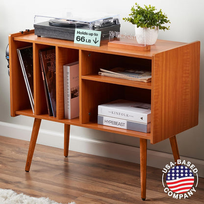 Record Player Stand with Vinyl Storage – Turntable Table with Shelves and Backboard – Walnut Wood Frame Vinyl Record Storage with Headphone Hook – Compact Audio Stand with Stabilizers