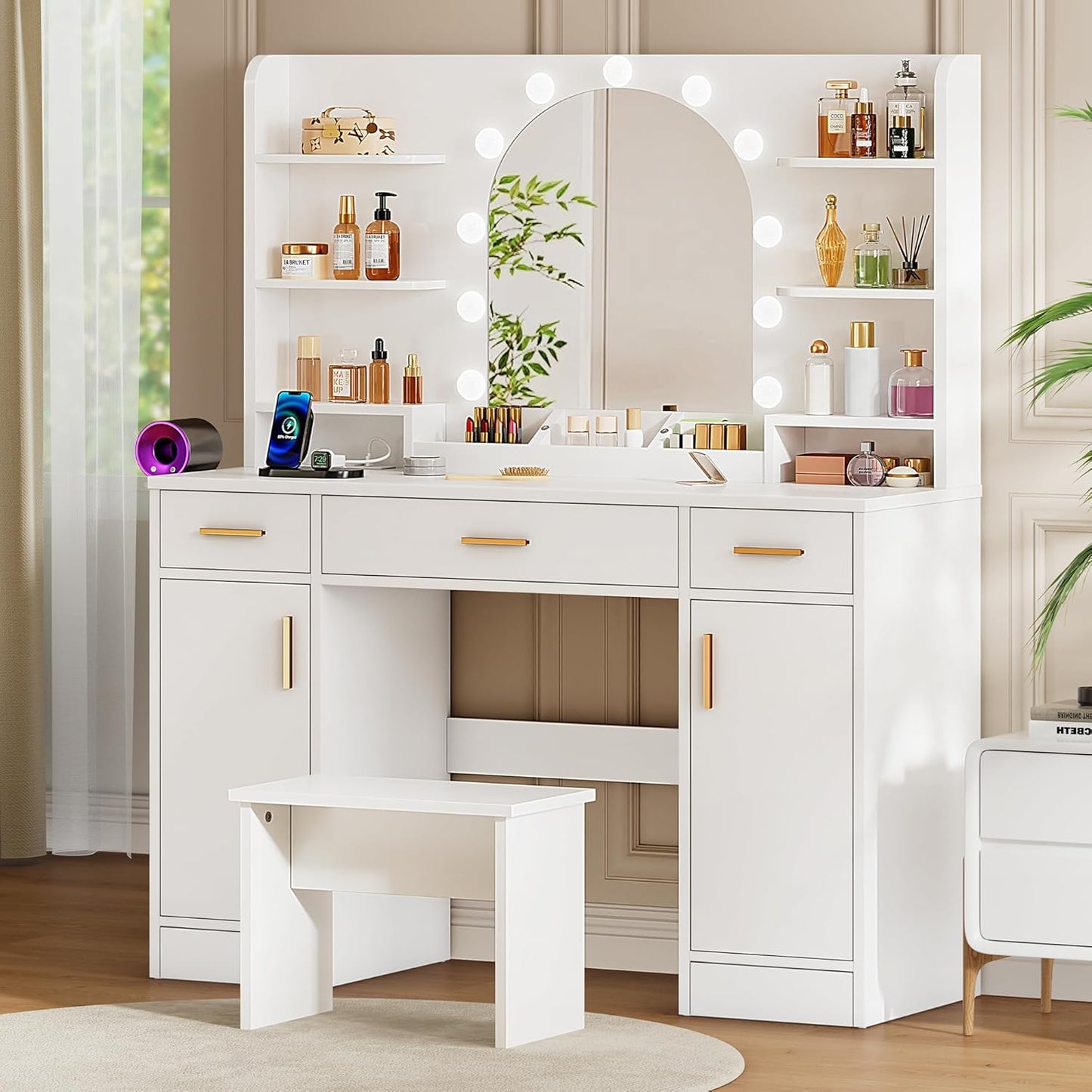 Vanity Desk with Mirror and 11 LED Lights, 43'' Makeup Vanity Table with Power Outlet & Chair, Dressing Table with 3 Drawers, 2 Cabinets and 6 Open Shelfs for Bedroom, White