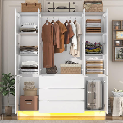 4 Doors Armoire Wardrobe Closet with 3 Drawers & Mirror, Modern Wooden Bedroom Armoires with Hanging Rod Led Lights for Bedroom, White