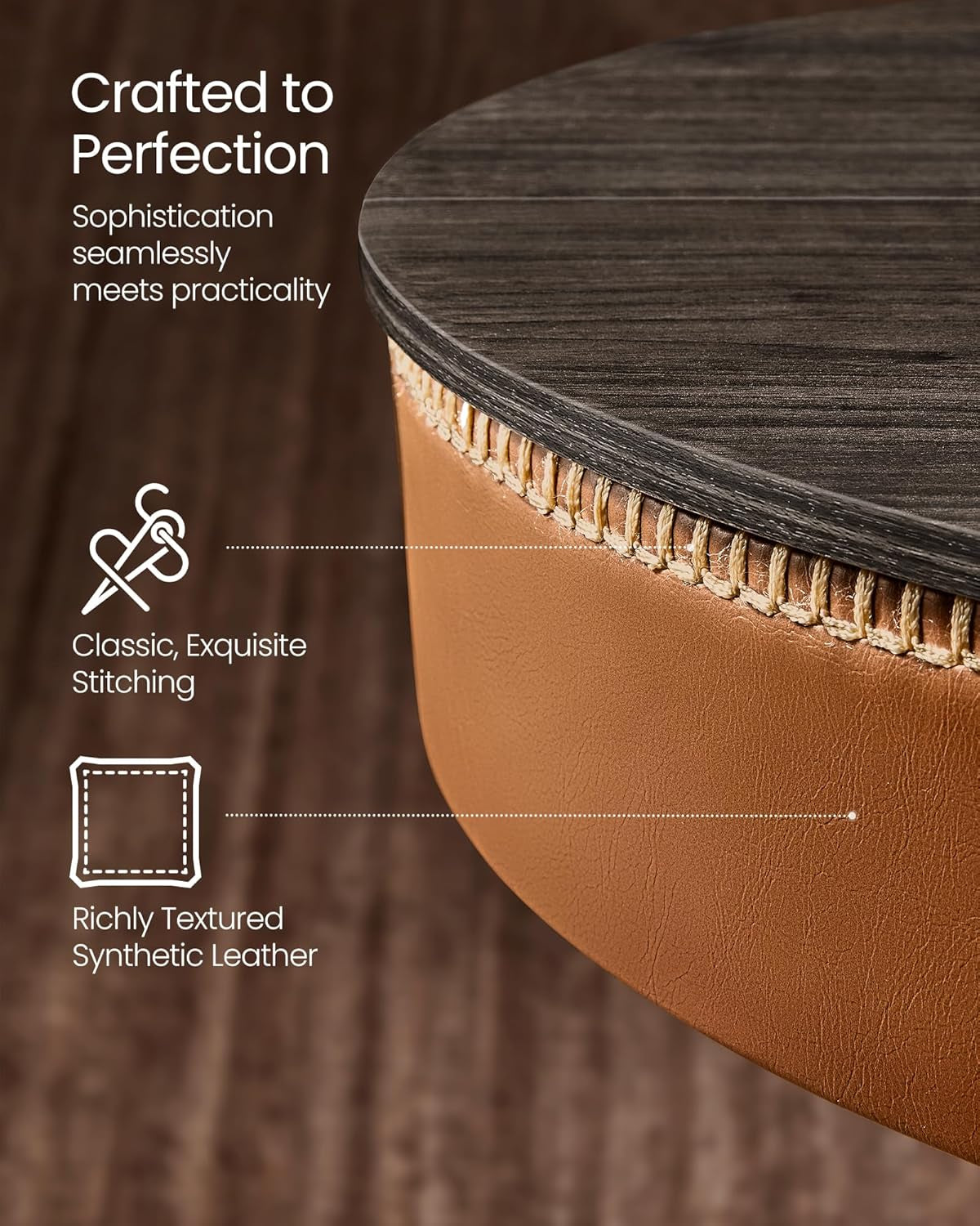 EKHO Collection - Height Adjustable Bar Table, round High Pub Table with Storage, Synthetic Leather with Stitching, Mid-Century Modern, Kitchen Home Bar, Ash Brown and Caramel Brown