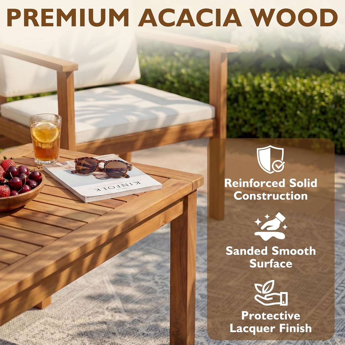 Patio Furniture 4 Piece Acacia Wood Outdoor Conversation Sofa Set with Table & Cushions Porch Chairs for Garden, Deck, Backyard, Natural