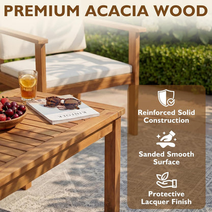 Patio Furniture 4 Piece Acacia Wood Outdoor Conversation Sofa Set with Table & Cushions Porch Chairs for Garden, Deck, Backyard, Natural
