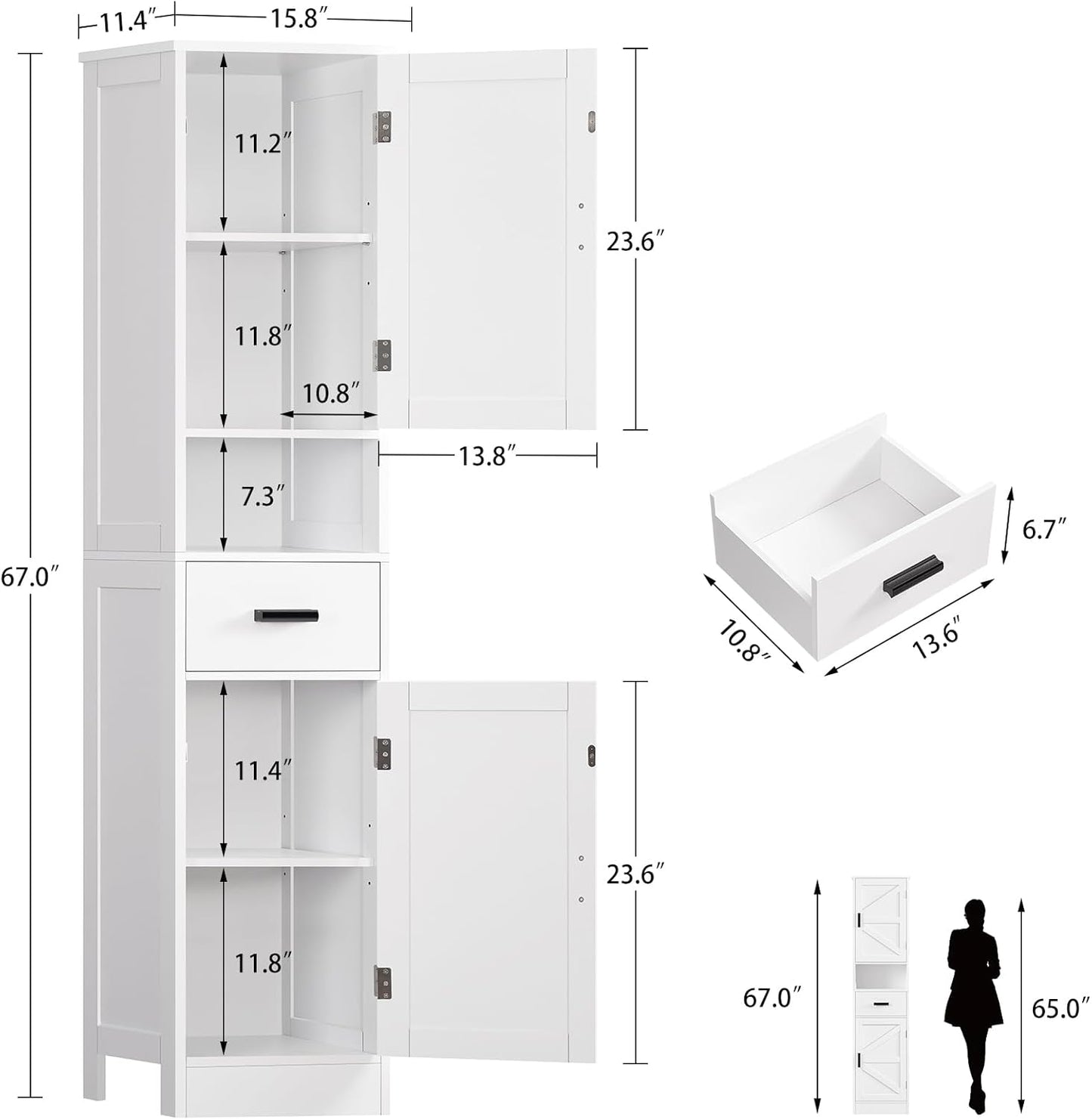Tall Bathroom Storage Cabinet with Barn Doors, Narrow Bathroom Cabinet with Drawer, Narrow Storage Unit, Adjustable Shelves, Floor Cabinets for Living Room, Entryway, Kitchen, White