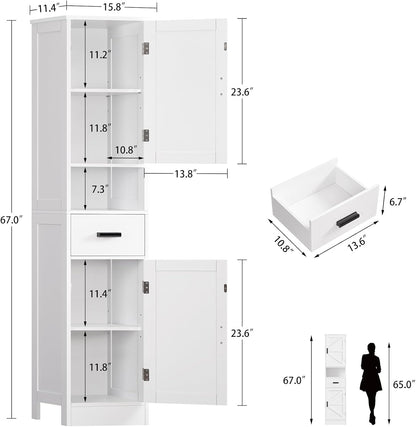67" H Tall Bathroom Storage Cabinet with 2 Barn Doors and 1 Drawer, Narrow Bathroom Cabinet, Narrow Storage Unit, Adjustable Shelves, Floor Cabinets for Living Room, Kitchen, Forest Green