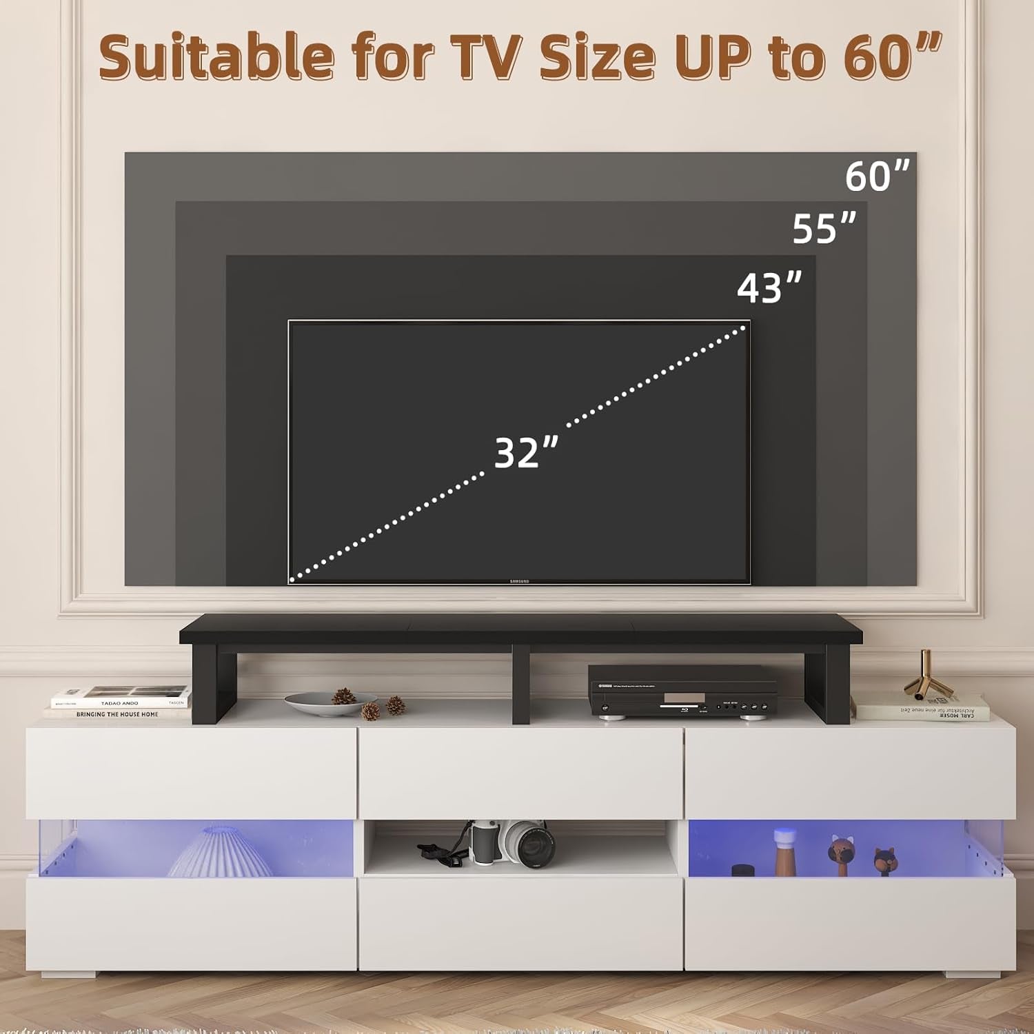 45" Large TV Riser for 32-60 Inch TV, TV Riser Stand Shelf with Steel Legs, Tabletop TV Stand Riser for Home Office,Black