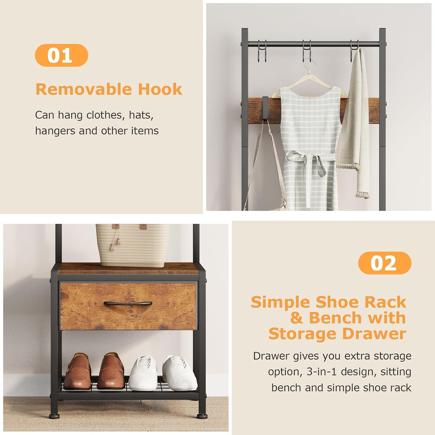 Narrow Coat Rack Shoe Bench, Hall Tree for Small Place with Drawer Storage, Shoe Bench with Cubby Storage, Wood Look Accent Furniture with Metal Frame, 3-In-1 Design (Rustic Brown)