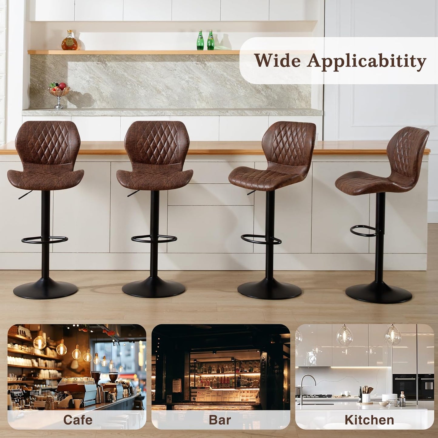 Bar Stools Set of 2, Modern Swivel Counter Height Barstools for Kitchen Island Chairs, Adjustable Faux Leather Bar Stools with Back for Kitchen Counter Bar, Brown