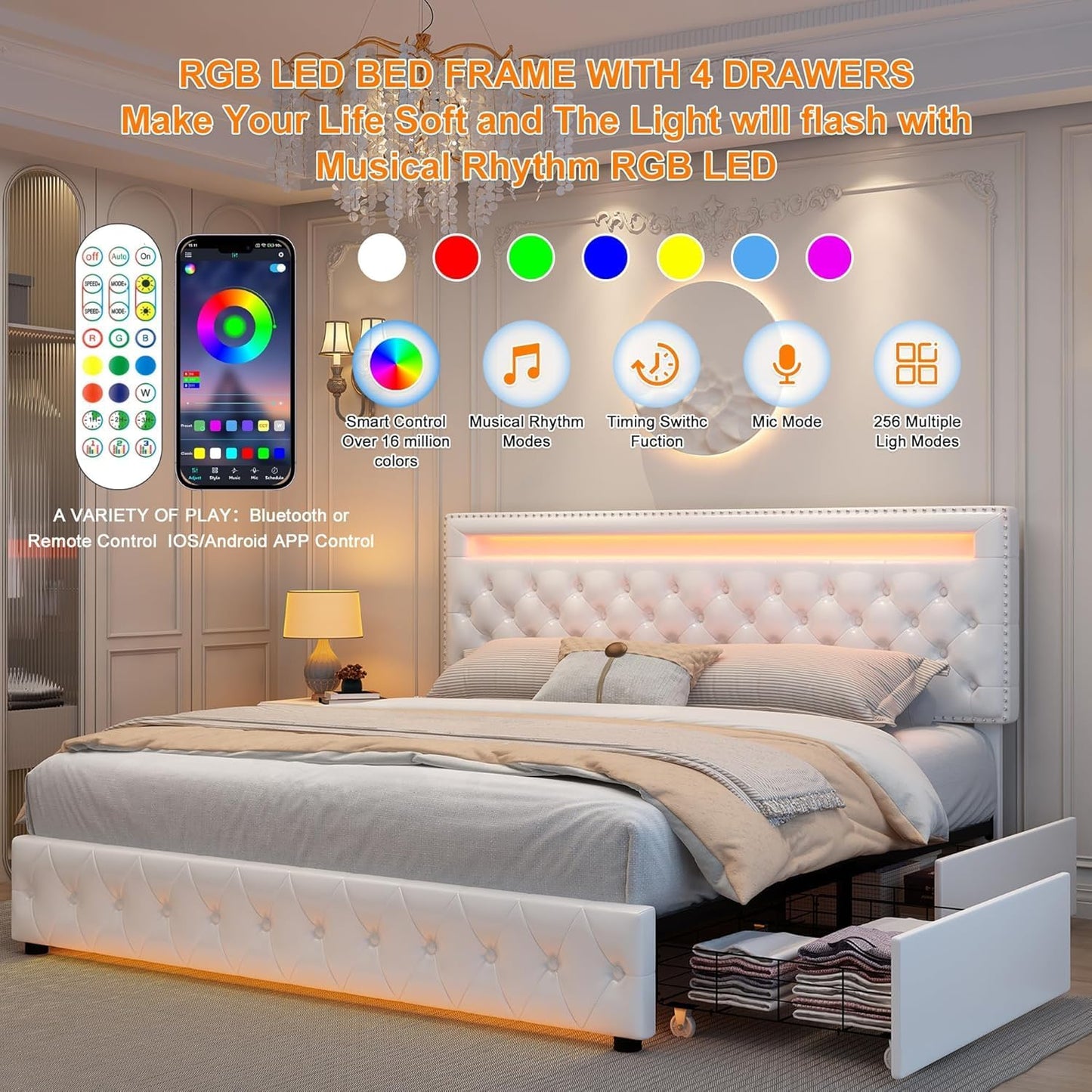GEGOFORU Queen LED Bed Frame with 4 Storage Drawers, Adjustable LED Headboard, Remote & App Control Lights, Plush Upholstered Platform with Silver Nailhead Trim, No Box Spring Needed - White