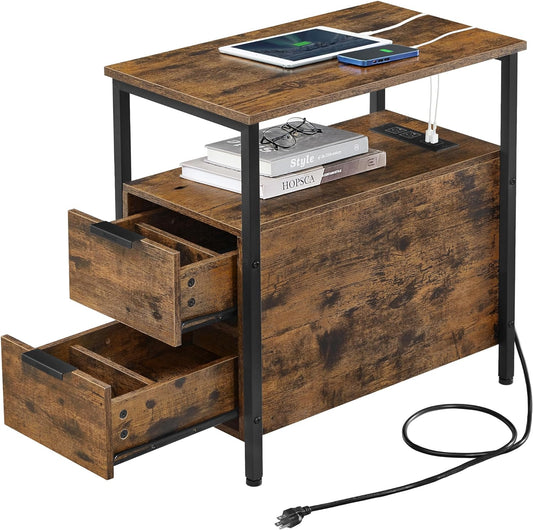Side End Table with Charging Station, Slim Nightstand with 2 Drawers, Narrow Bedside Table for Living Room, Small Spaces, Rustic Brown and Ink Black ULET321B01