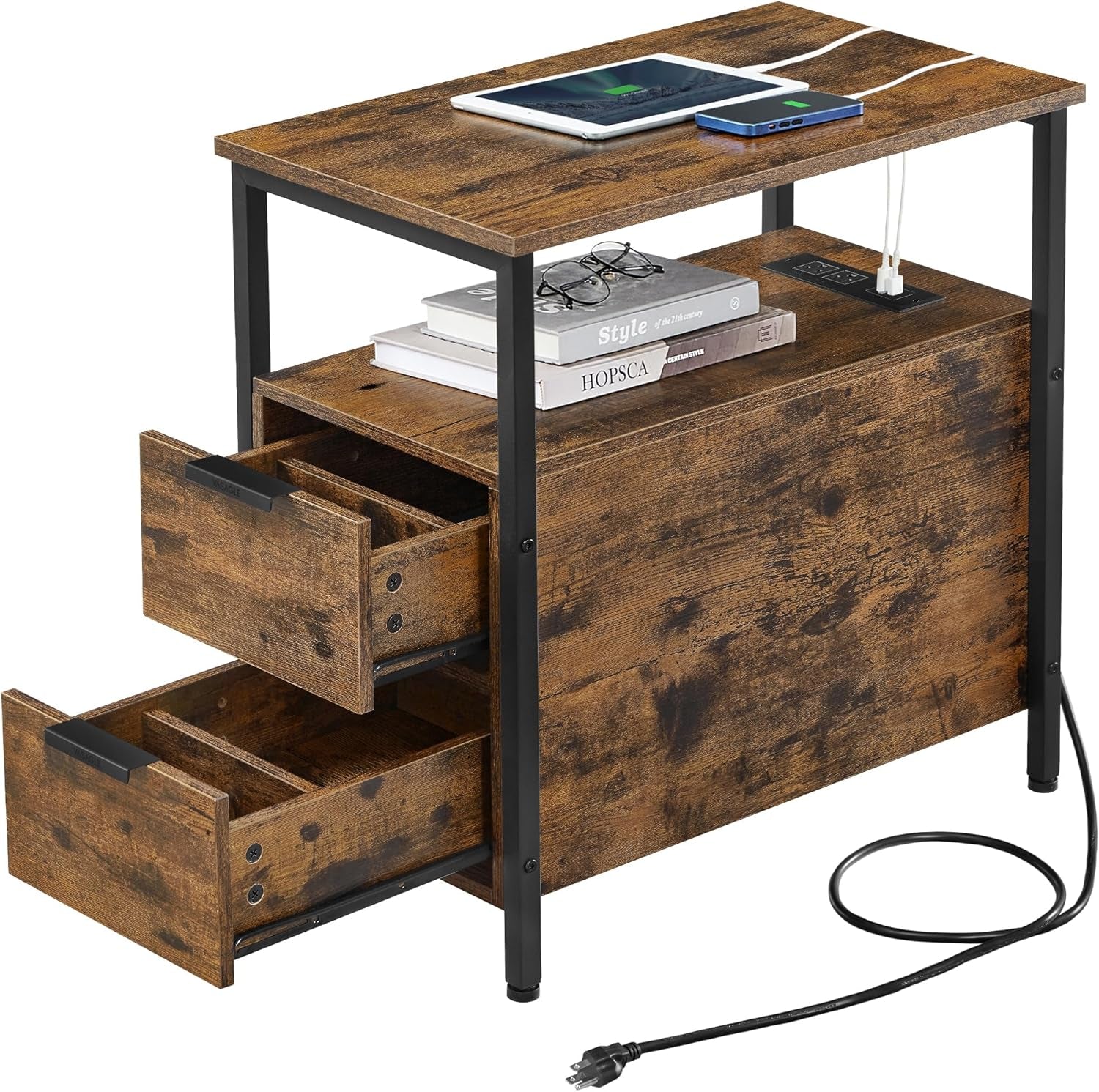 Side Table with Charging Station, Narrow End Table with 2 Drawers, Slim Nightstand and Bedside Table with Storage, for Small Spaces, Black ULET321B22