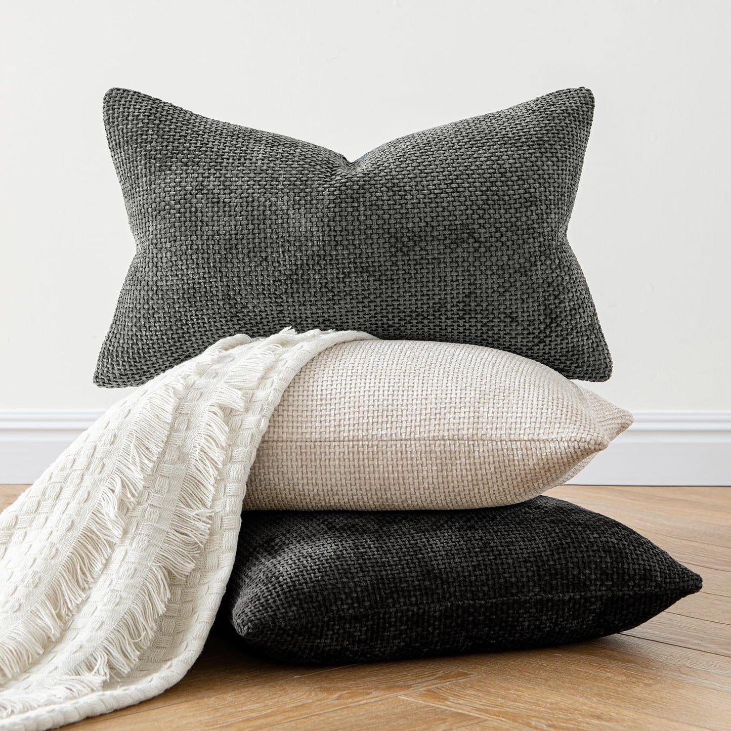 Pack of 2 Couch Throw Pillow Covers 18X18 Inch Neutral Beige Modern Boho Accent Decorative Pillow Covers Soft Chenille Farmhouse Cushion Covers for Home Decor Bed Sofa Living Room