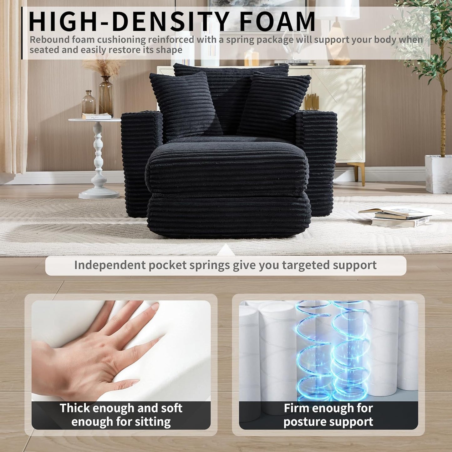 Boneless Chaise Lounge Chair Indoor, All-Foam Convertible Lounge Chair with No Frame, Wide Reclining Floor Lounger for Reading, Napping & Relaxation, No Assembly Needed (Black)