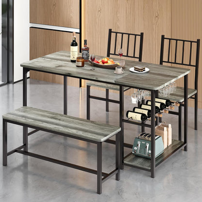 Dining Room Table Set for 4, 55" Kitchen Table Set with Storage Shelf, Wine Rack & Wine Glasses Holder, Dining Table for 4 with Chairs and Bench for Dining Room, Kitchen, Grey