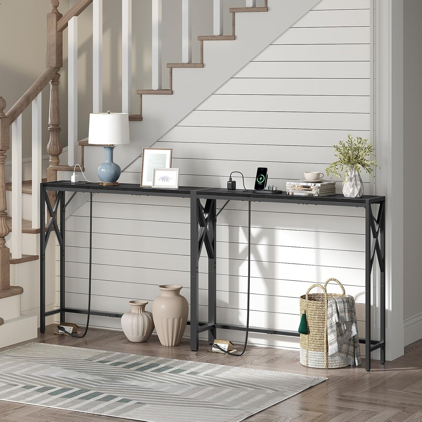 70.8'' Narrow Sofa Table with Charging Station, 2 Pack Skinny Console Table, Long Entryway Hallway Couch Table with Power Outlets, Black CTBK152E01S2