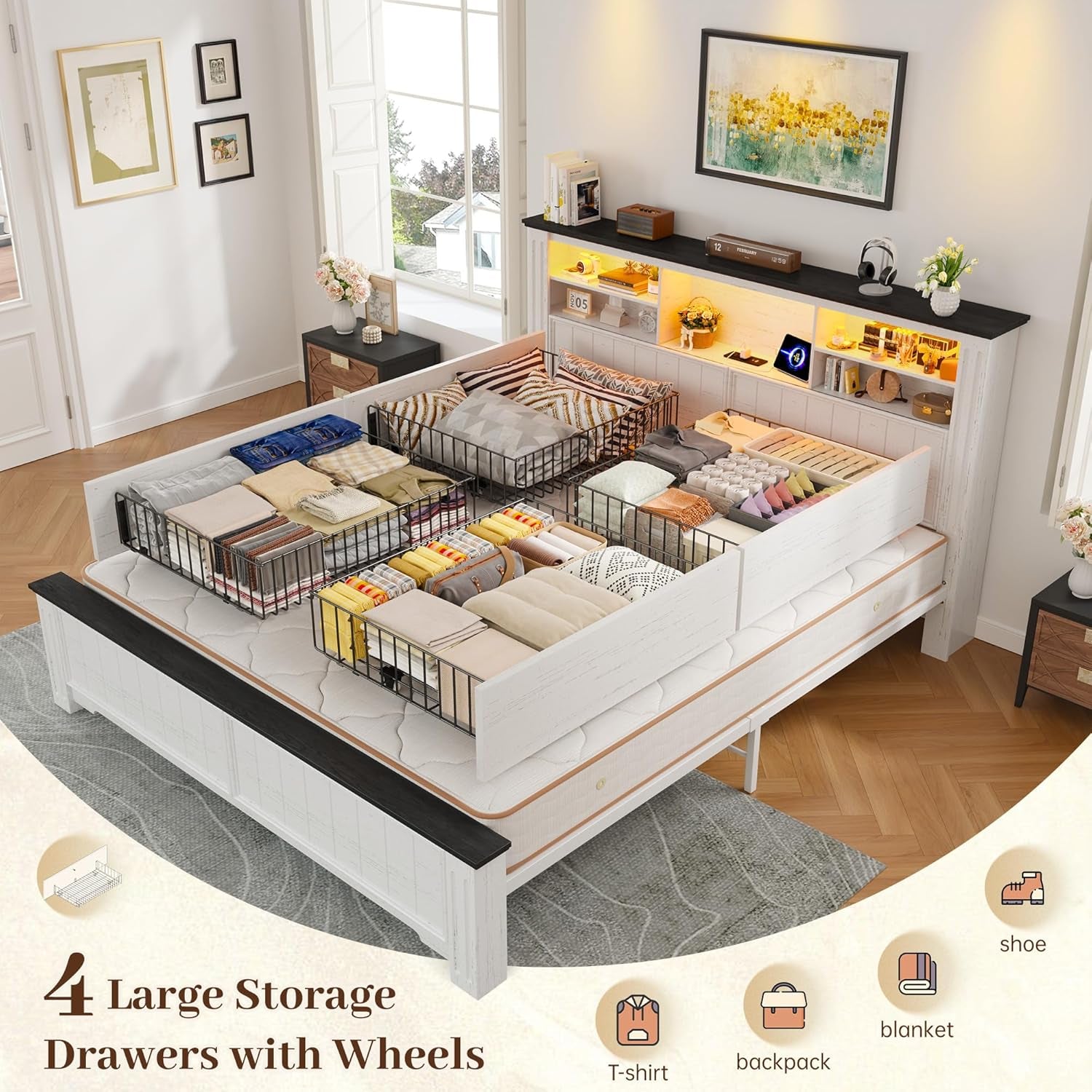 Queen Bed Frame with Headboard, Bed Frame Queen Size with 4 Drawers Charging Port & LED, Farmhouse Queen Bed Built in Charging Station,No Box Spring Needed,No Noise,White with Grain Marks
