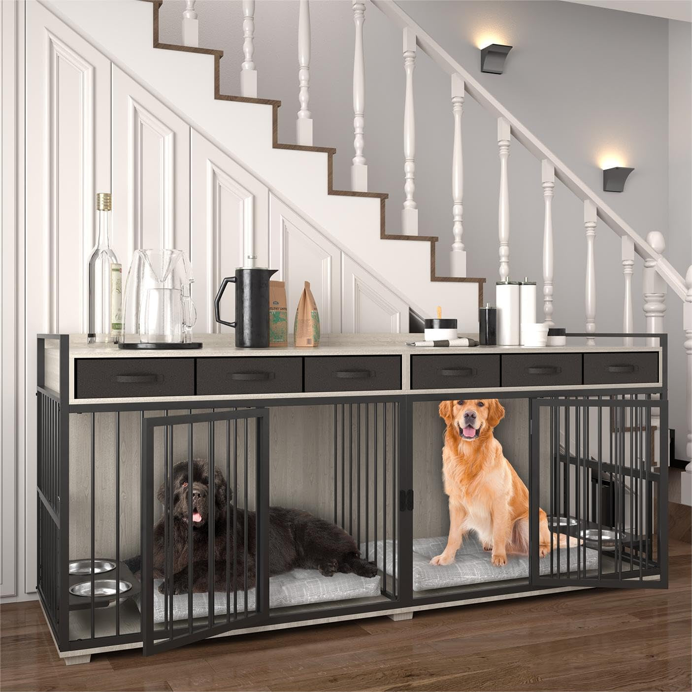 86.6" Double Dog Crate Furniture for Large Breeds,Metal Frame Heavy Duty Chew-Resistant Dog Crate Kennel for 2 Dogs with Adjustable Feeder Bowls/Removable Divider/6 Drawers,Rustic Brown