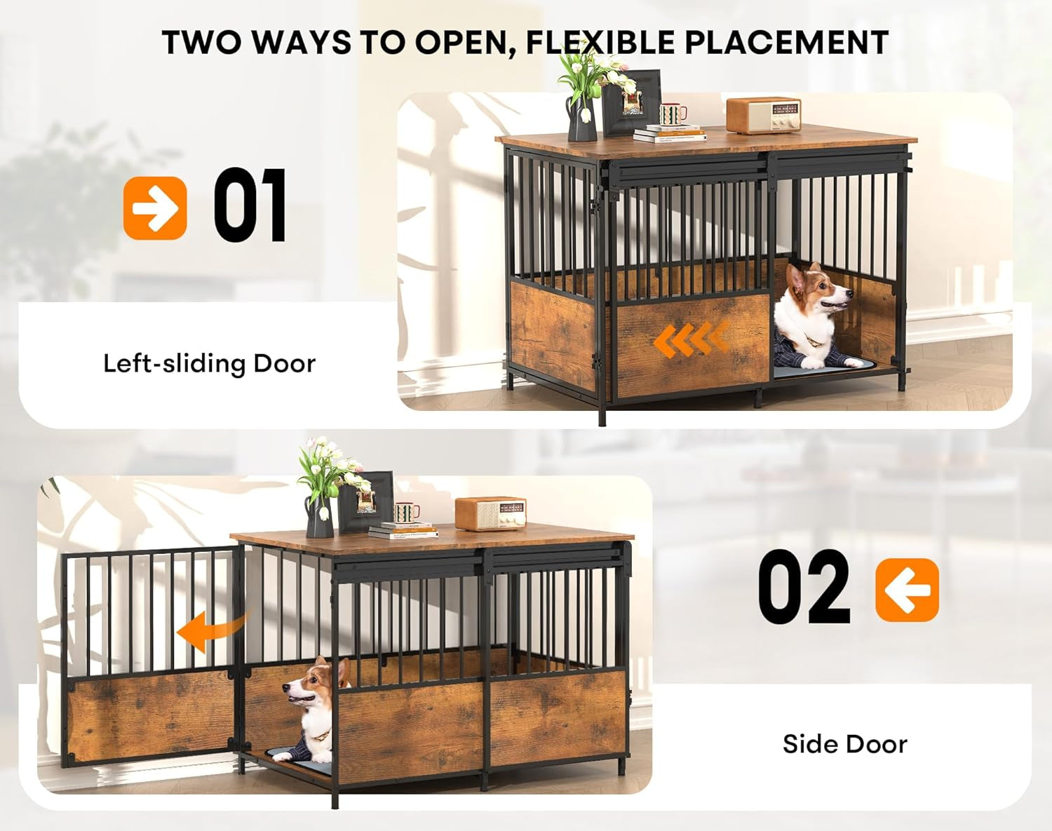 40 Inch Dog Crate Furniture, Heavy Duty Dog Kennel Indoor with Cushion & Double Doors, Wooden Dog Cage Side End Table for Medium Large Dogs, Brown