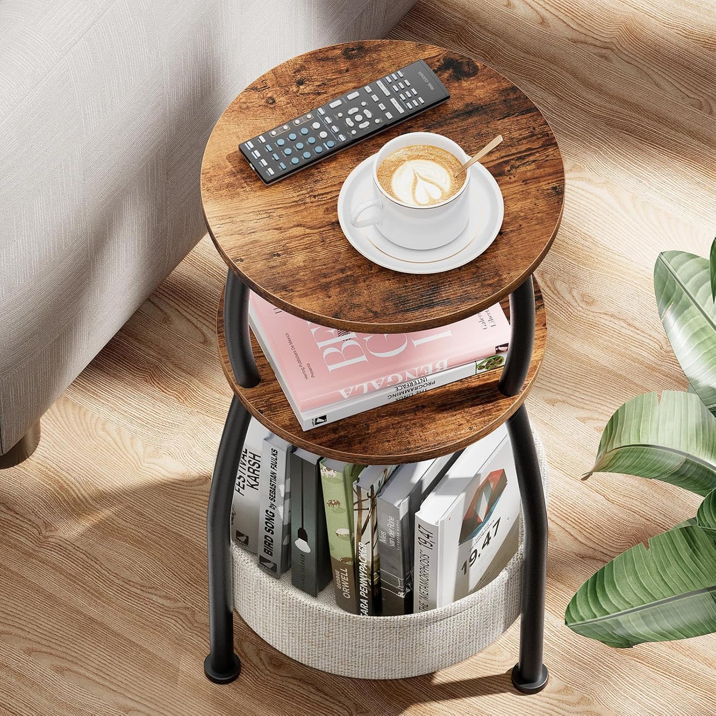 Round Side Table for Small Spaces with Storage Basket –Small End Table 3-Tier Night Stand Sofa Corner Table for Living Room, Bedroom, Patio and More 24In Tall Rustic Brown