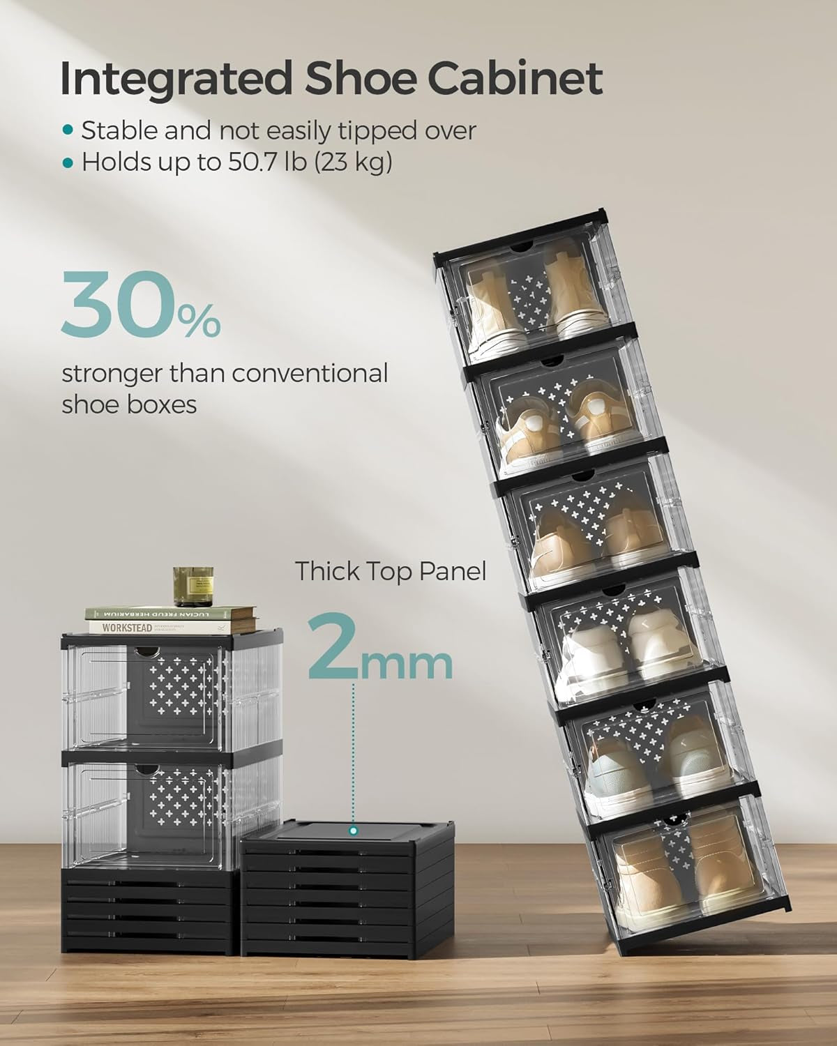Foldable Shoe Boxes, Pack of 18 Stackable Shoe Storage Organizer, Set of 3 Integraed Shoe Cabinets, Portable, Fit up to US Size 13, 60S Assembly, Transparent and Ink Black ULSP207B01