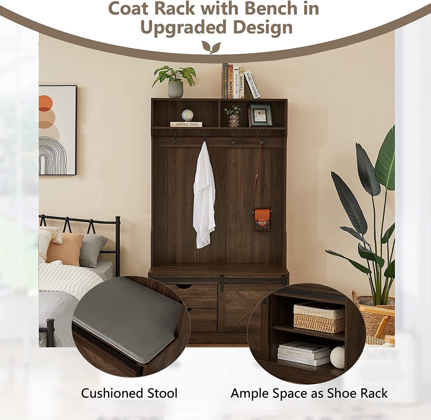 Hall Trees with Bench and Coat Racks, Farmhouse 71 Inch Entryway Bench with Sliding Barn Door, Wood Coat Tree Mudroom Storage Benches with Drawers (Walnut)