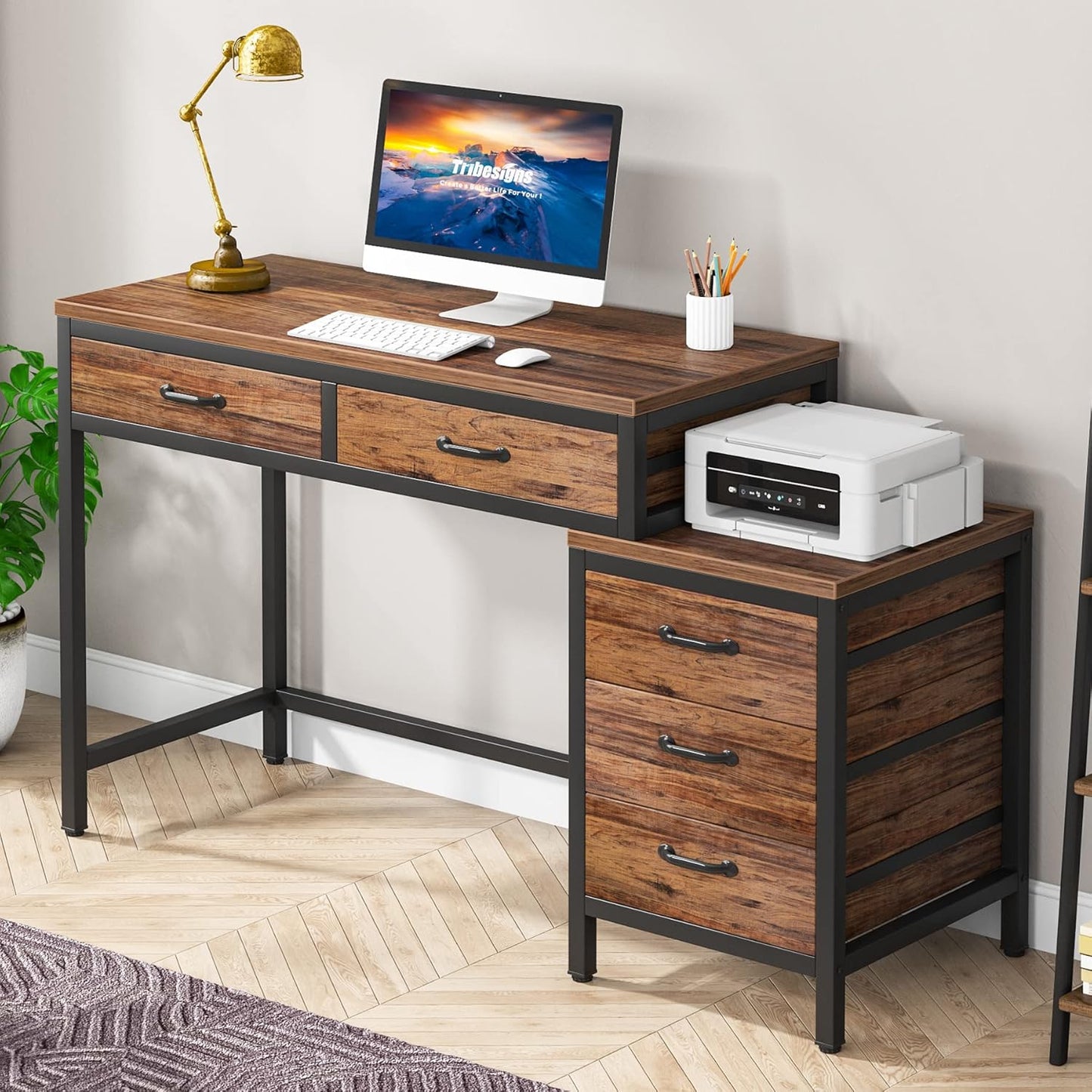 Computer Desk with 5 Drawers, Home Office Desks with Reversible Drawer Cabinet Printer Stand, Industrial PC Desk with Storage, Grey Study Writing Table Workstation for Small Spaces