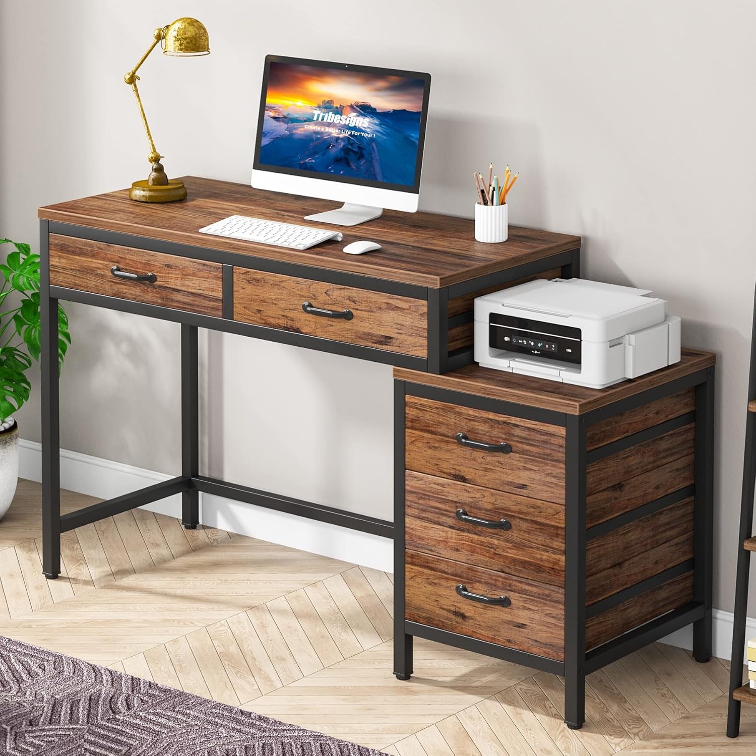 Computer Desk with 5 Drawers, Home Office Desks with Reversible Drawer Cabinet Printer Stand, Industrial PC Desk with Storage, Rustic Study Writing Table Workstation for Small Spaces, Black