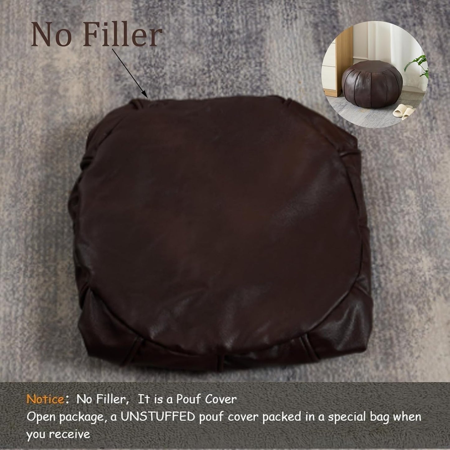 Brown Waterproof Faux Leather Unstuffed Pouf Ottoman, Handmade Moroccan Pouf Cover 21"X13", round Floor Cushion Floor Chair Footstool for Living Room, Bedroom and Wedding (Only Cover)