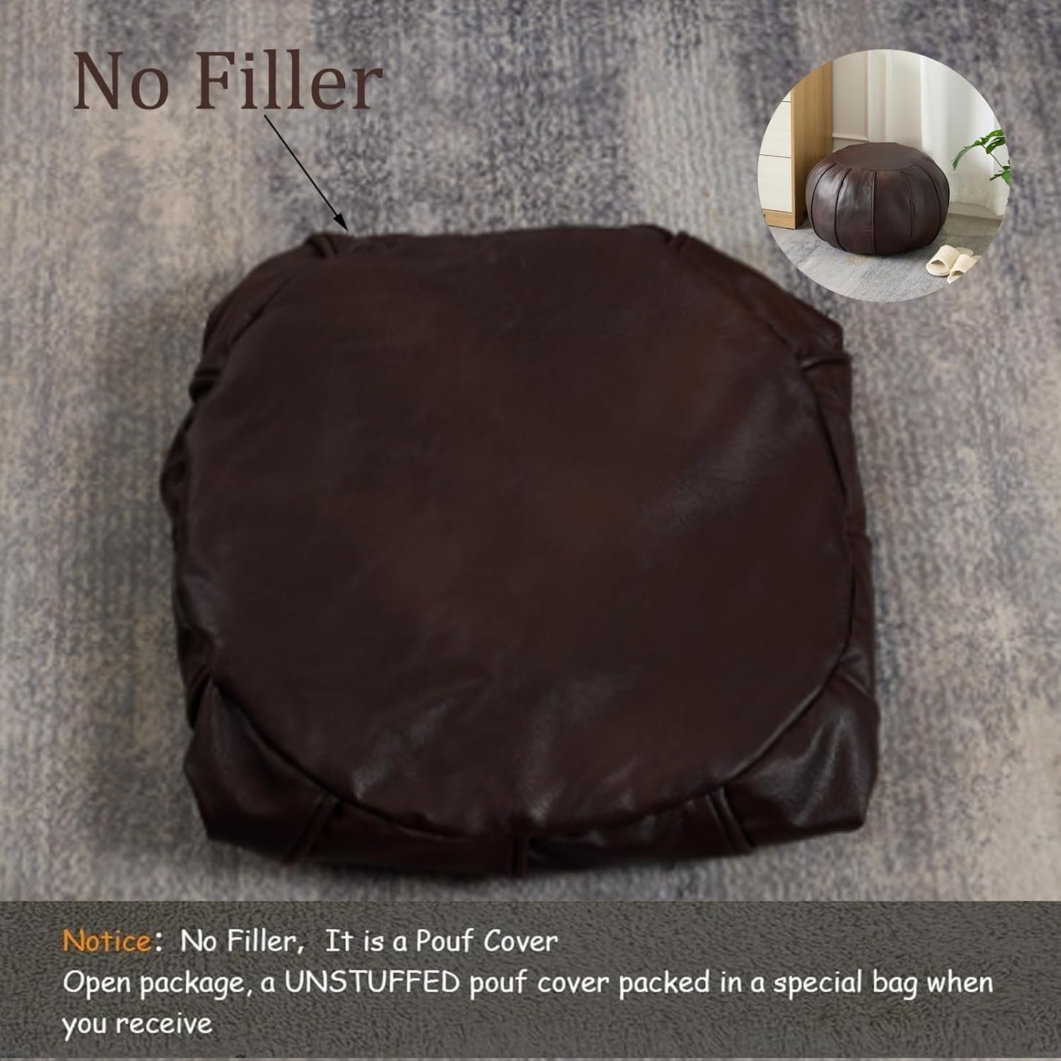 Brown Waterproof Faux Leather Unstuffed Pouf Ottoman, Handmade Moroccan Pouf Cover 21"X13", round Floor Cushion Floor Chair Footstool for Living Room, Bedroom and Wedding (Only Cover)