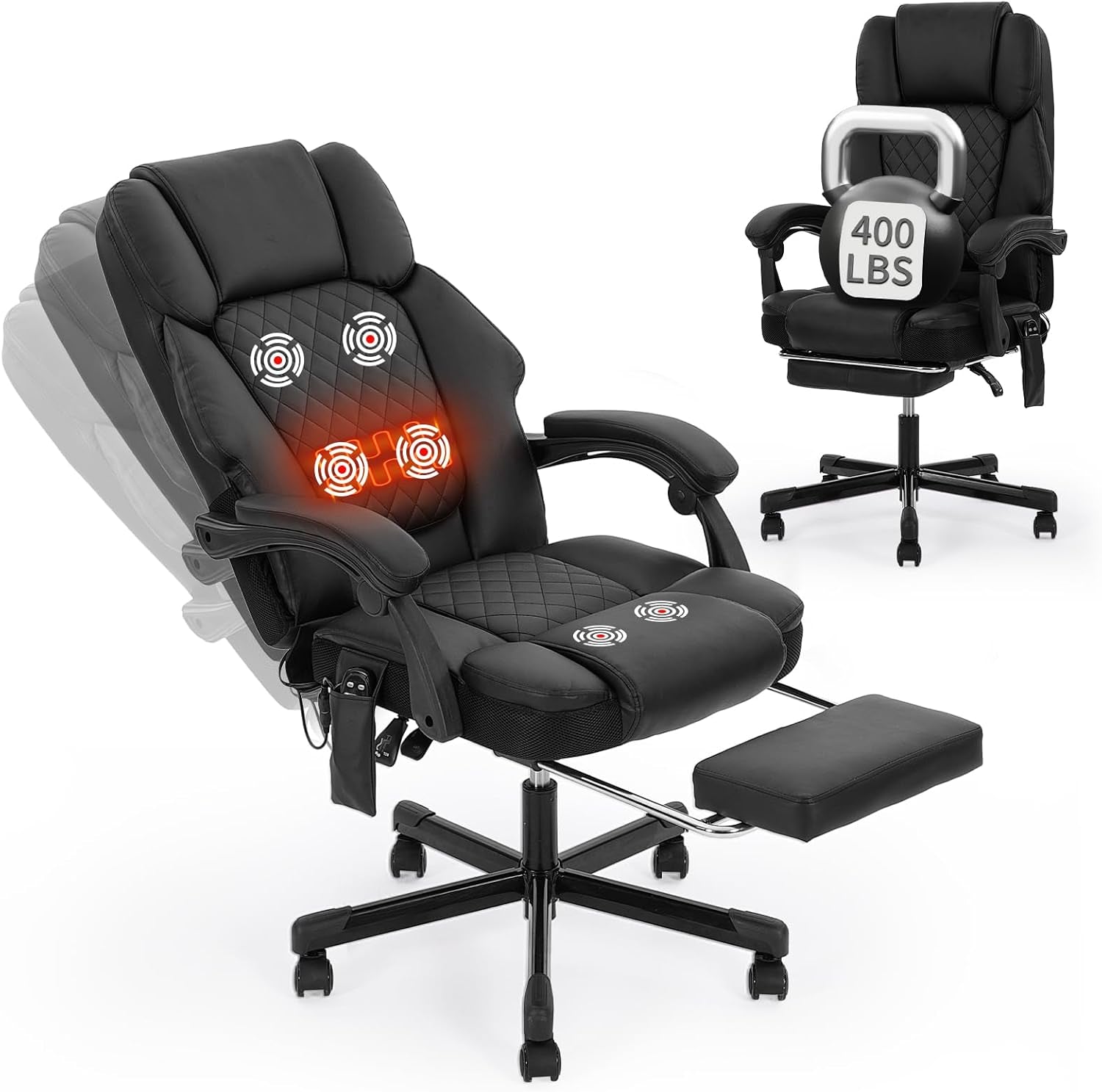 Massage Office Chair with Heat 6 Vibration Points,Big and Tall Office Chair 400 Lbs,Leather High Back Executive Office Desk Chair with Footrest,Comfortable Ergonomic Reclining Managerial Chair, Black