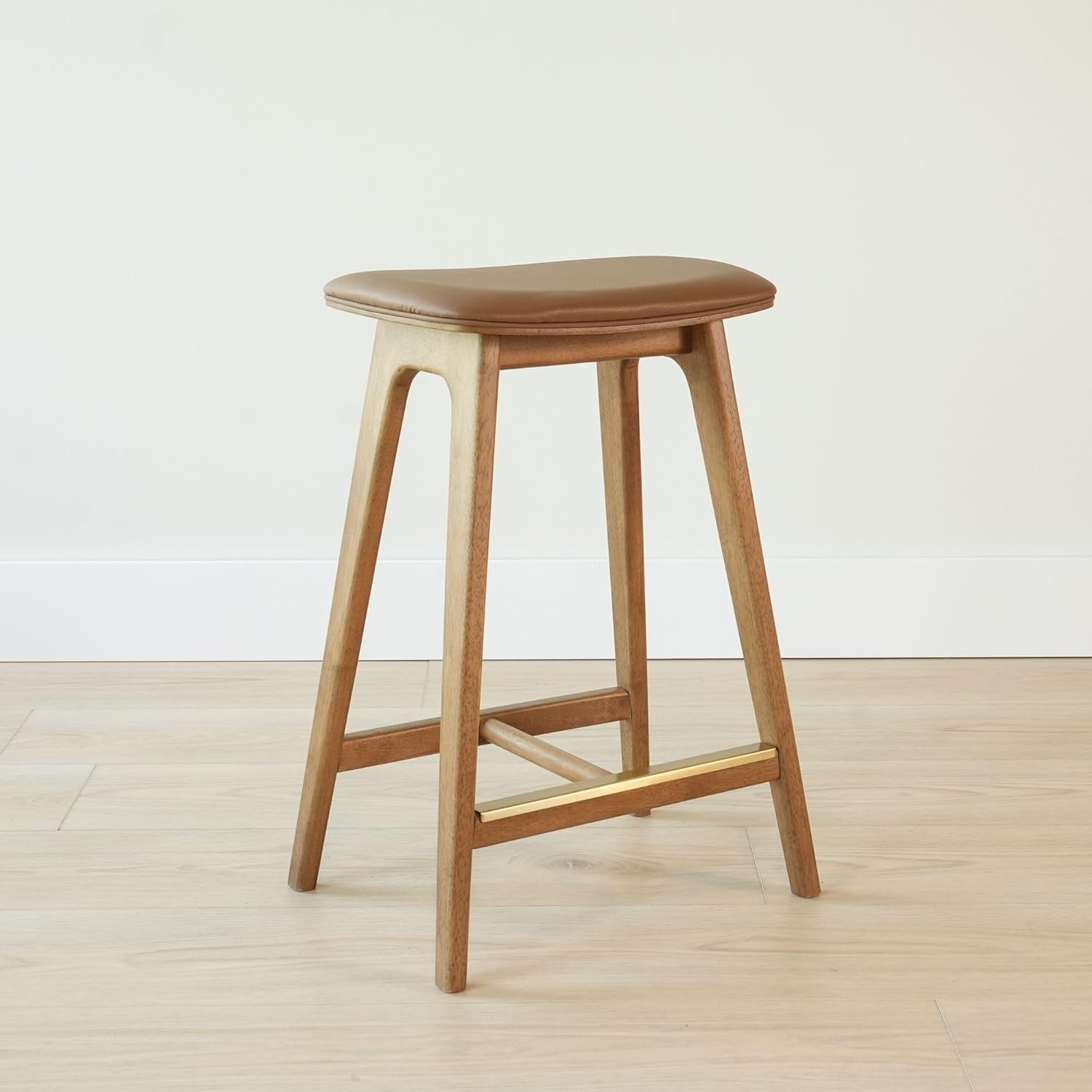 Beryl Counter Height Stool - Mid-Century Modern Rubberwood Bar Stool with Faux Leather Seat, Metal Footrest, Easy Assembly, 2-Pack, Pecan/Toffee