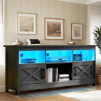 TV Stand for 65 Inch Tvs, Entertainment Center with Storage Cabinets, Power Outlet & LED Light, Media TV Console with Barn Doors for Living Room, Black