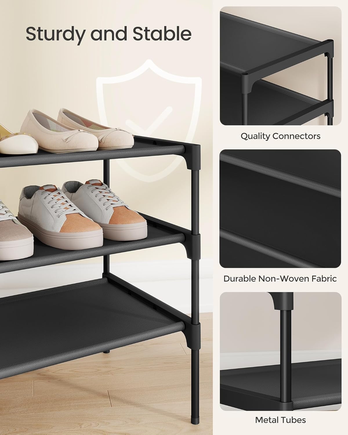Shoe Rack, 3-Tier Shoe Storage Organizer, Space-Saving, 11.7 X 24.5 X 21 Inches, Entryway, Metal Frame, Non-Woven Fabric Shelves, Ink Black ULSH023BH01