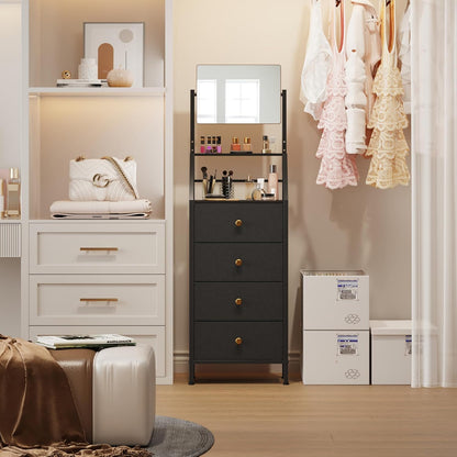 Dresser with Mirror, 4 Drawers Dresser with 2-Tier Shelves, Freestanding Fabric Chest of Drawers for Small Space, Tall Narrow Nightstand Vanity for Bedroom, Hallway, Dorm, Black, 15.3" W