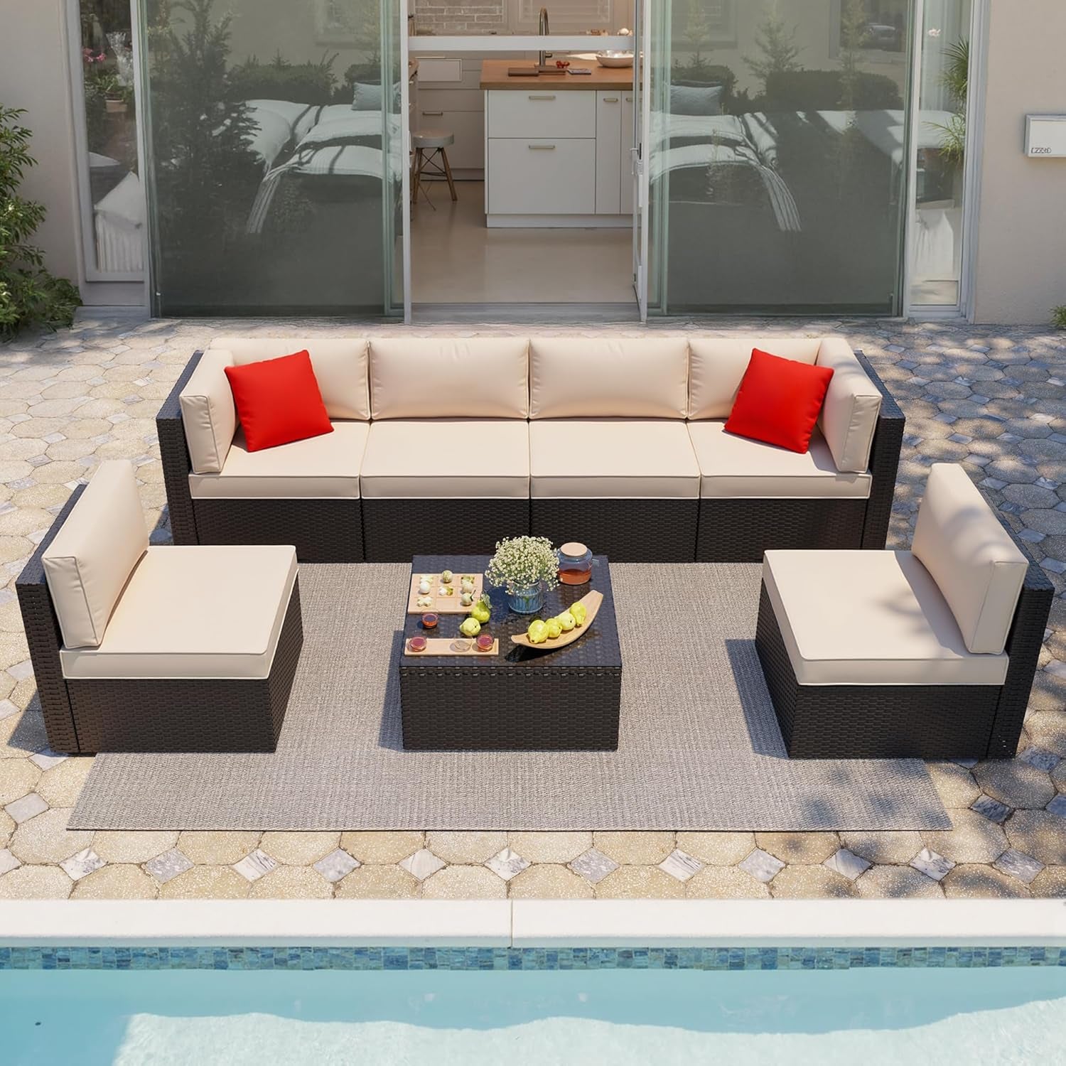 7 Pieces Patio Furniture Sets Outdoor All-Weather Sectional Patio Sofa Set PE Rattan Manual Weaving Wicker Patio Conversation Set with Glass Table&Ottoman Cushion and Red Pillows, Beige