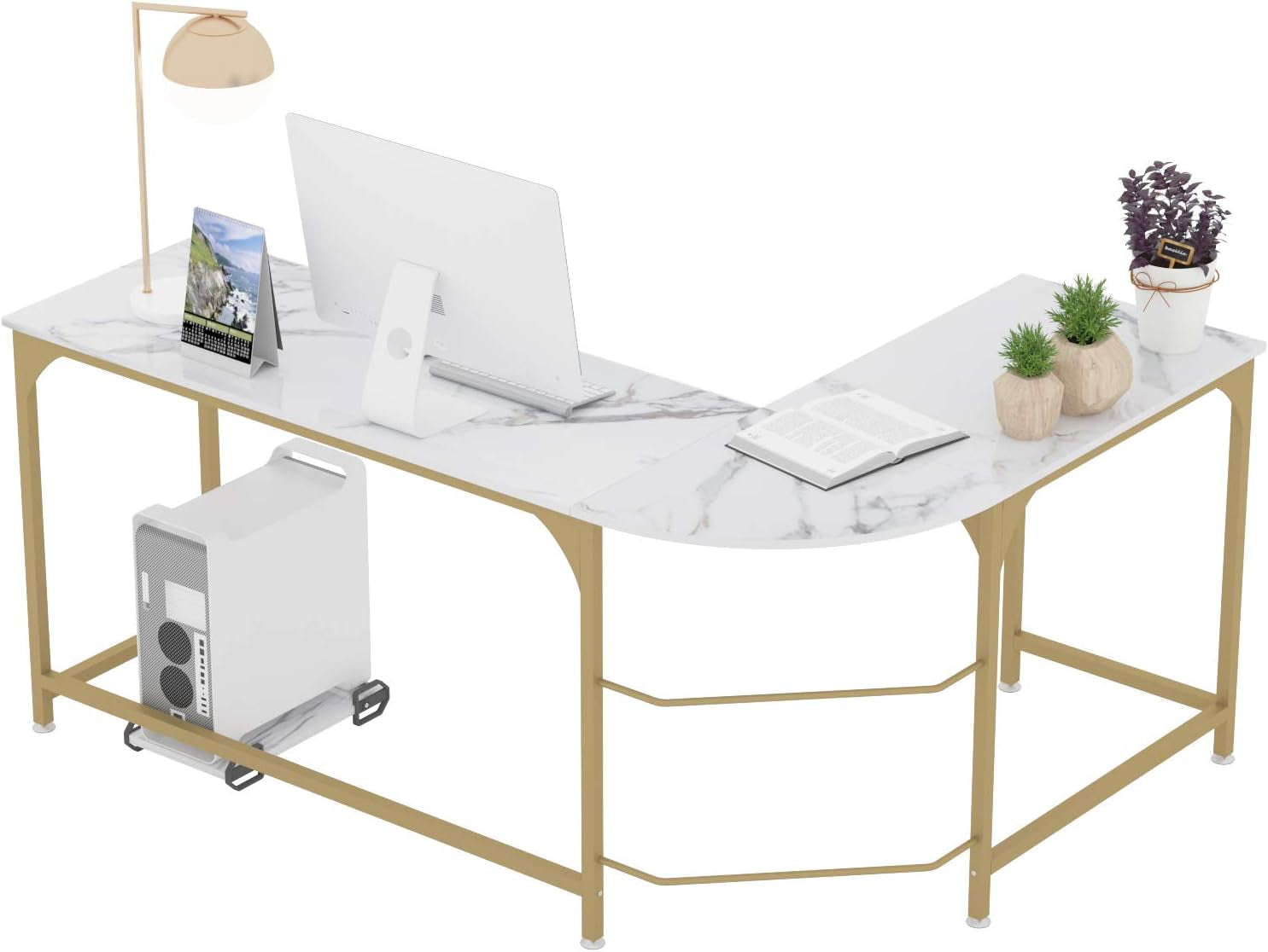 Reversible L Shaped Desk White - 66.1" Corner Gaming Computer Desk, Office Workstation Modern Home Study Writing Table, Marble Gold