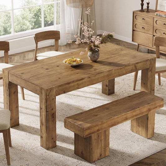 Solid Wood Dining Table for 6, 63-Inch Farmhouse Kitchen Table with Heavy Duty Legs, Rectangular Wood Dinner Table for Dining Room, Living Room (Rustic Brown)