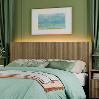 King Size Headboard Only, Modern Fluted Wall-Mounted Head Board with Lighting, Boho Wood Bed Headboard Stylish Bedroom Decor, Natural