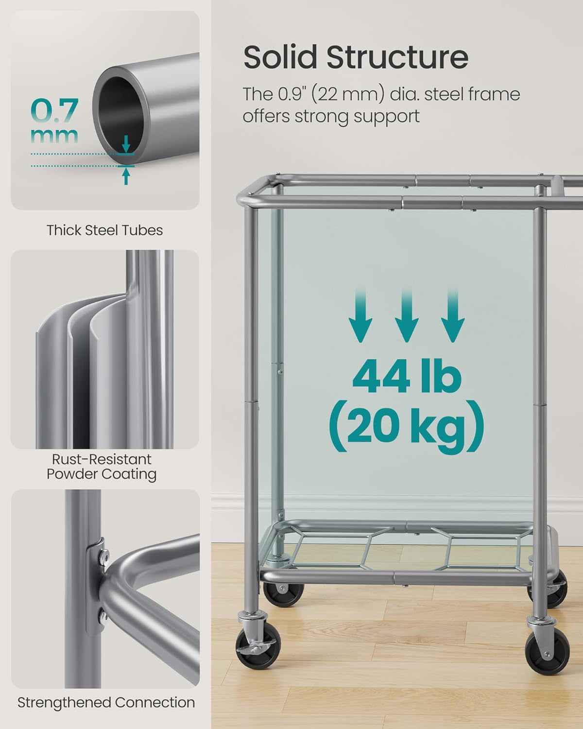 Laundry Basket with Wheels, 2-Section Rolling Laundry Hamper, 37 Gallons (140 L), Removable Liner, Steel Frame with Handle, 27.2 X 15.4 X 31.9 Inches, Camel Brown URLS004N01