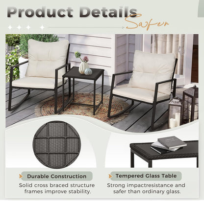 3 Piece Outdoor Rocking Bistro Set Black Wicker Furniture Porch Chairs Conversation Sets with Glass Coffee Table, Beige