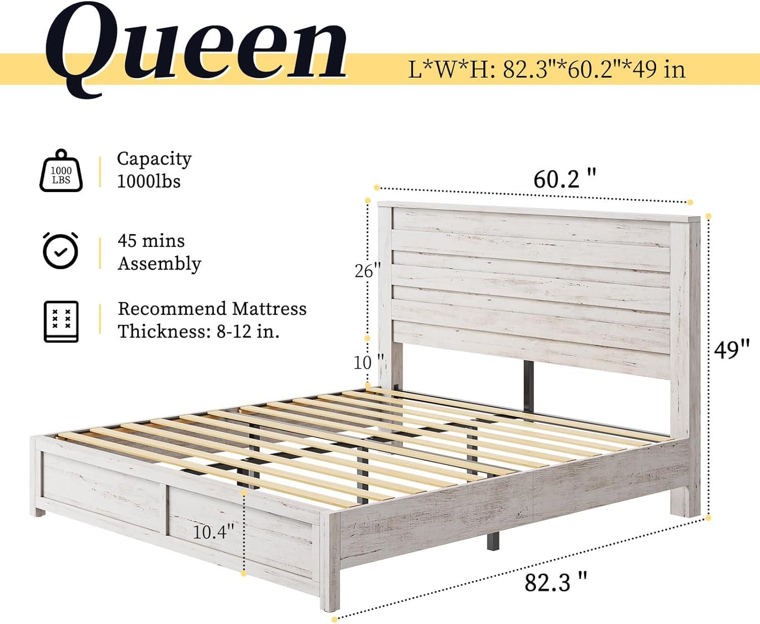 Farmhouse Queen Bed Frame with 49" Tall Headboard, Wooden Platform Bed with Hidden Metal Bed Frame, No Box Spring Needed/Noise Free, Distressed White