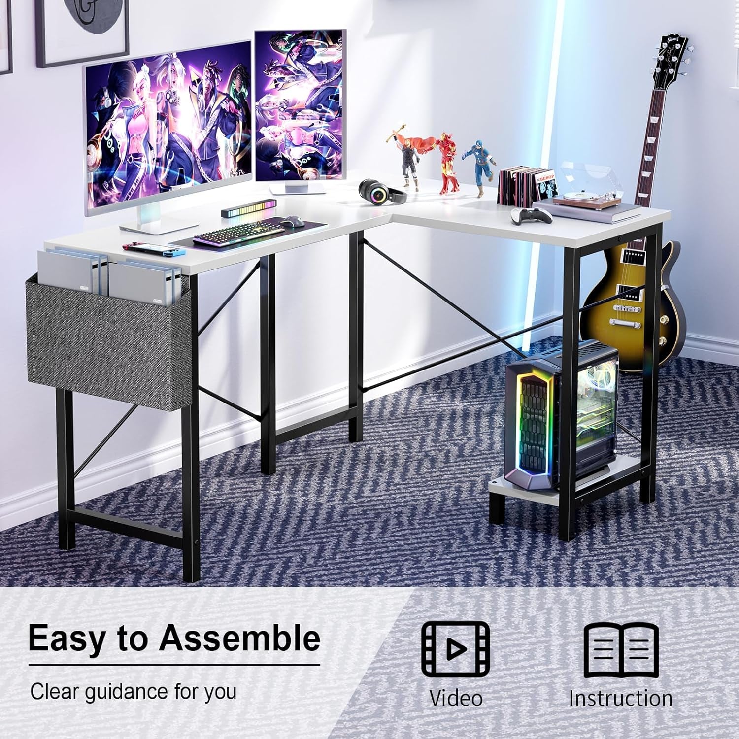 L Shaped Desk Computer Gaming Corner Table 50 Inch Home Office Writing Student Work PC Workstation with Side Storage Bag CPU Stand Modern for Bedroom Small Spaces