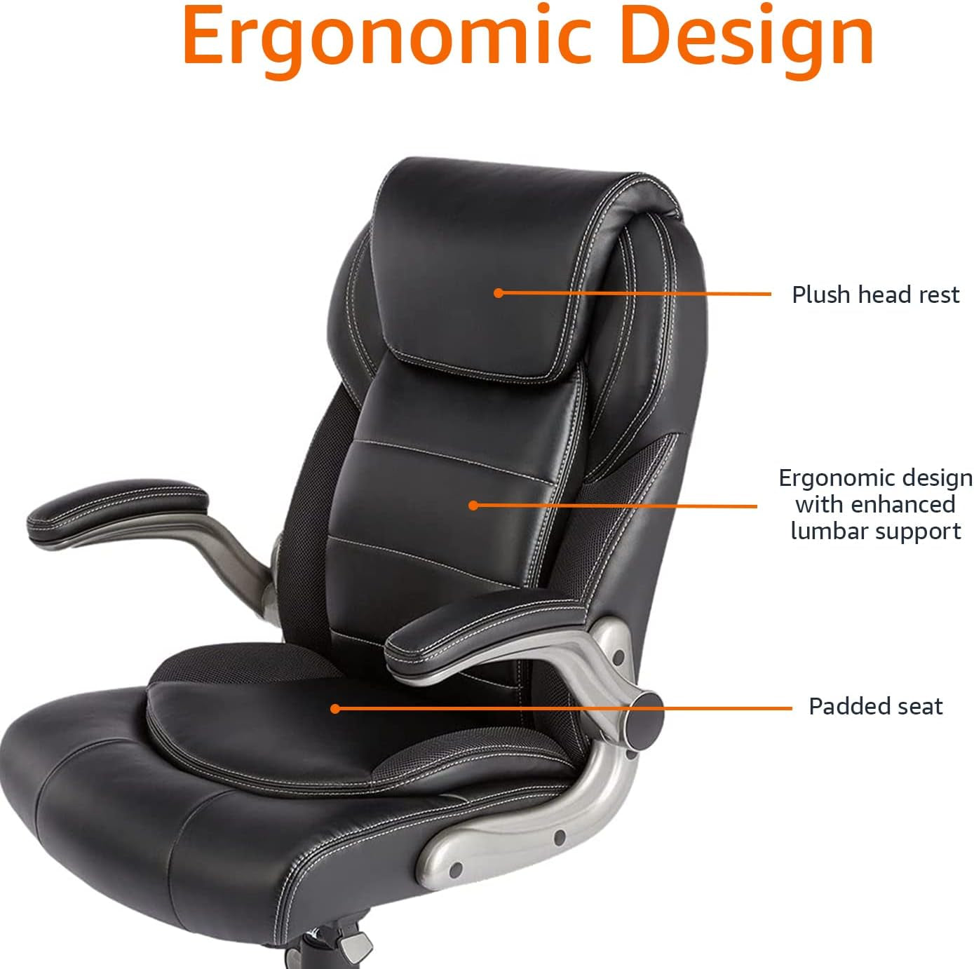 Ergonomic High-Back Office Chair with Flip-Up Arms and Lumbar Support, 29.5"D X 27.5"W X 44.75"H, Black