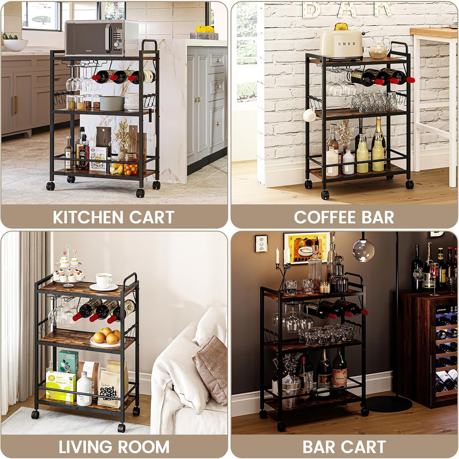 Bar Cart, Serving Cart for Home, Microwave Cart, Drink Cart, Mobile Kitchen Shelf with Wine Rack and Glass Holder, Rolling Beverage Cart for Dining Room(Rustic Brown and Black)