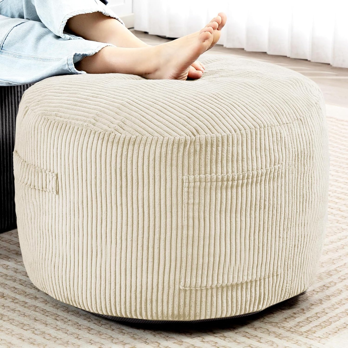 Round Stuffed Pouf Ottoman,Corduroy Foot Rest with Rebound Foam Filled, Furry and Fluffy Foot Stool Ottoman,26"*18" Floor Poufs for Living Room (Beige, 26" D X 26" W X 18" H)
