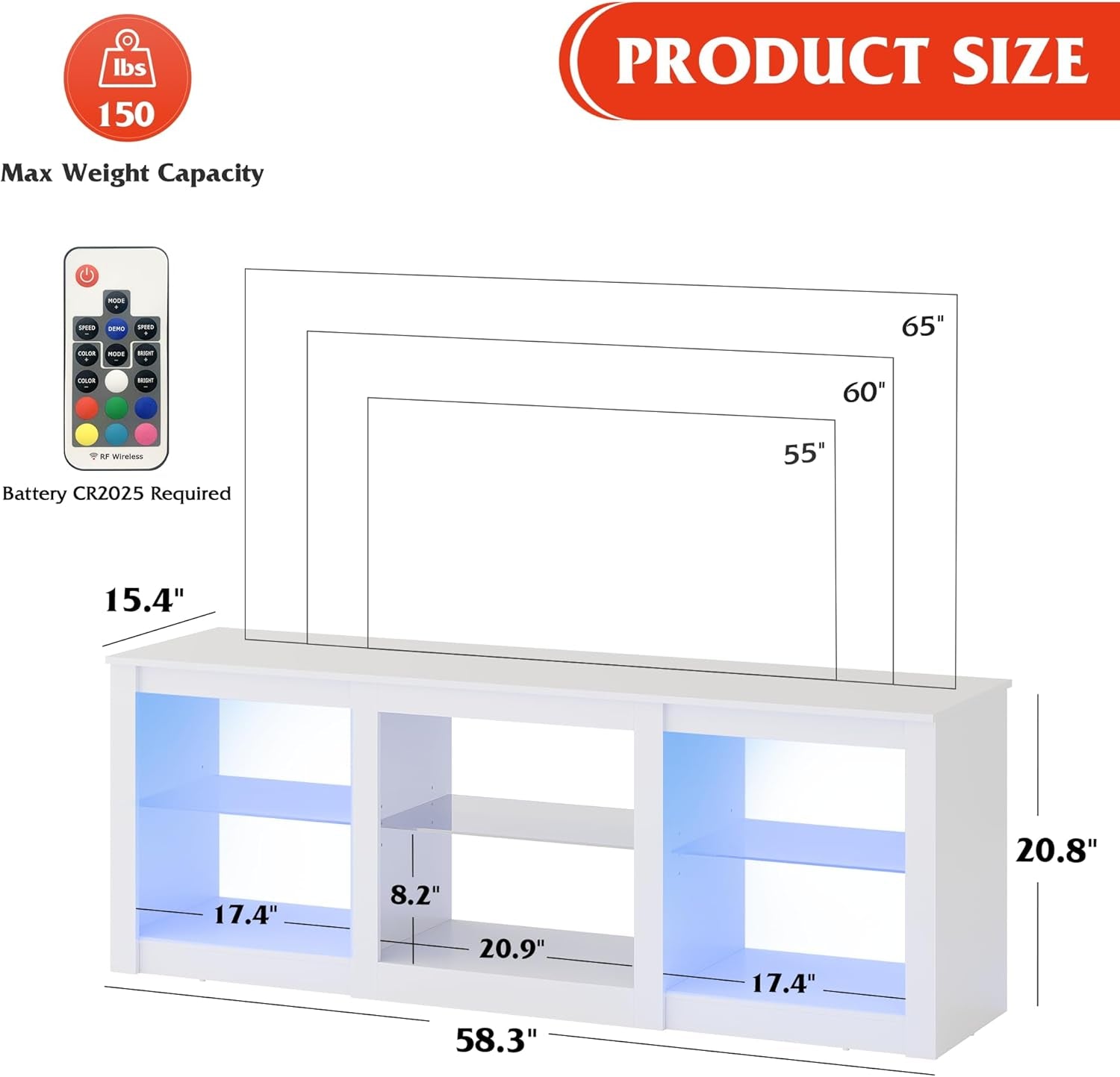 LED TV Stand for 65-Inch TV, 58-Inch Entertainment Center with Adjustable Glass Shelves, Modern Media Console for Living Room & Bedroom, White