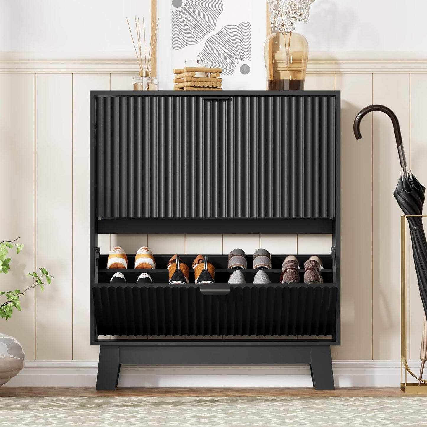 Shoe Cabinet Storage for Entryway with 2 Flip Drawers, Fluted Narrow Shoe Organizer with Wooden Legs, Freestanding Slim Shoe Storage Hidden Shoe Rack Organizer for Front Door Entrance, Black